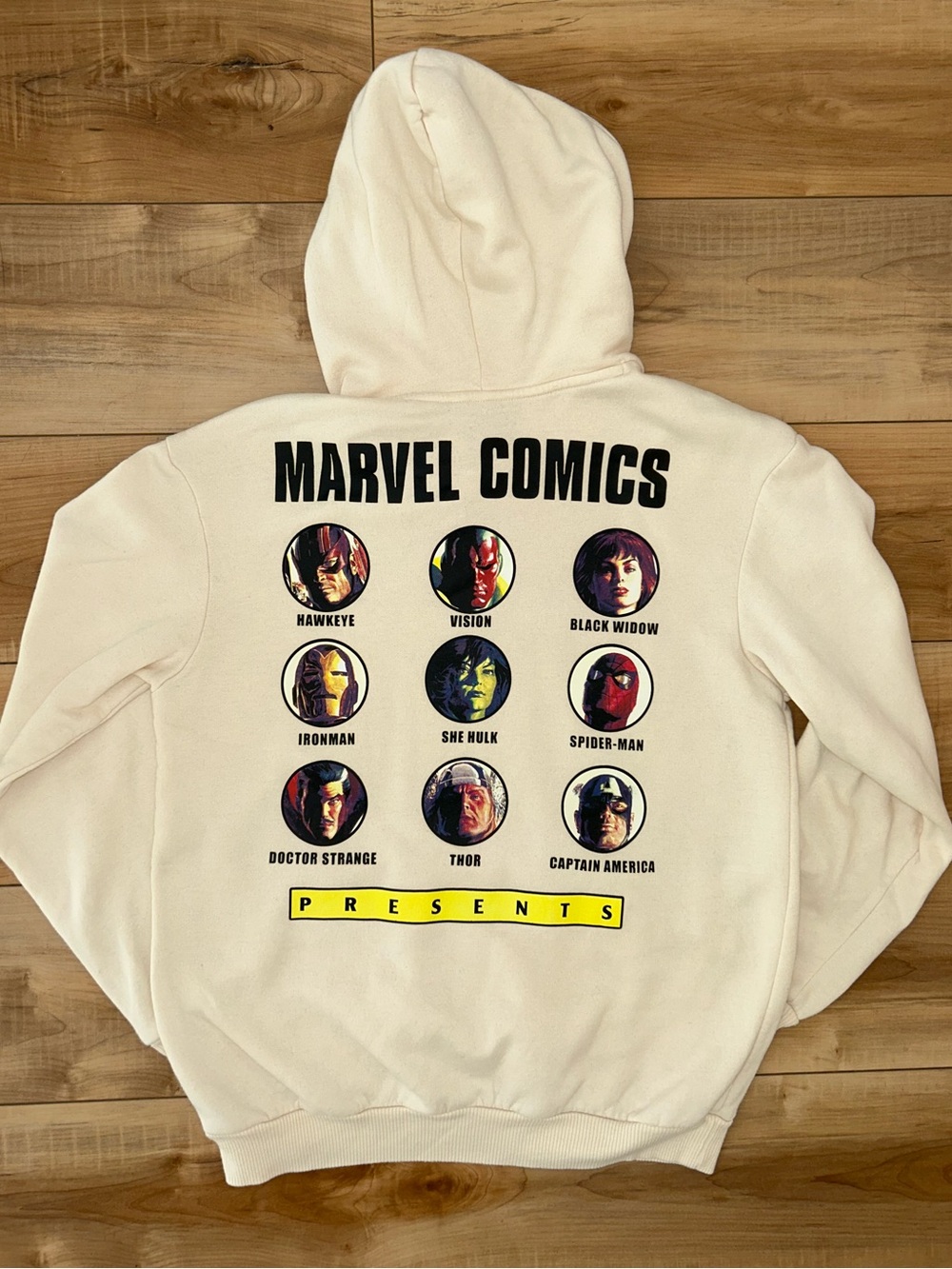 MARVEL COMICS Cream Graphic Hoodie with Avengers Character Icons